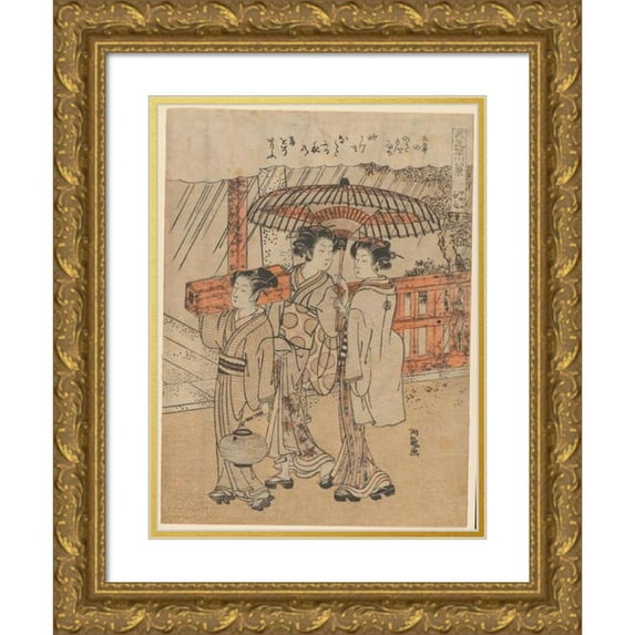 Koryûsai Isoda 11x14 Gold Ornate Wood Frame and Double Matted Museum Art Print Titled - Three Females, Two Carrying Box and Lantern (ca. 1760-1780)