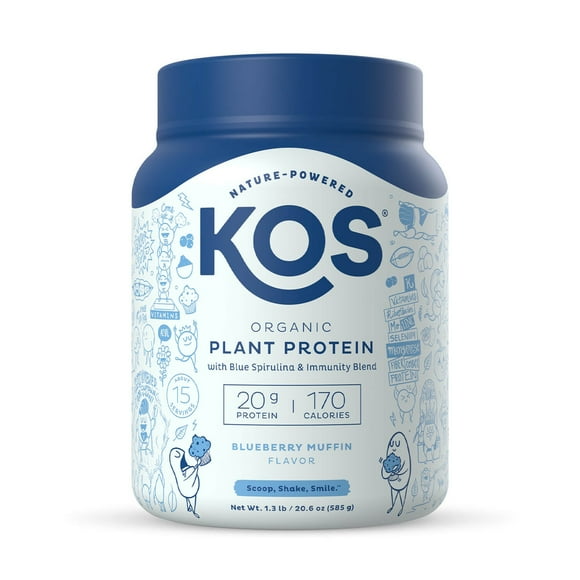 KOS Plant Based Protein Powder, No Erythritol, Blueberry Muffin - Organic Pea Protein Blend, Superfood with Spirulina & Immune Support Blend - Dairy Free, Meal Replacement for Women & Men, 15 Servings