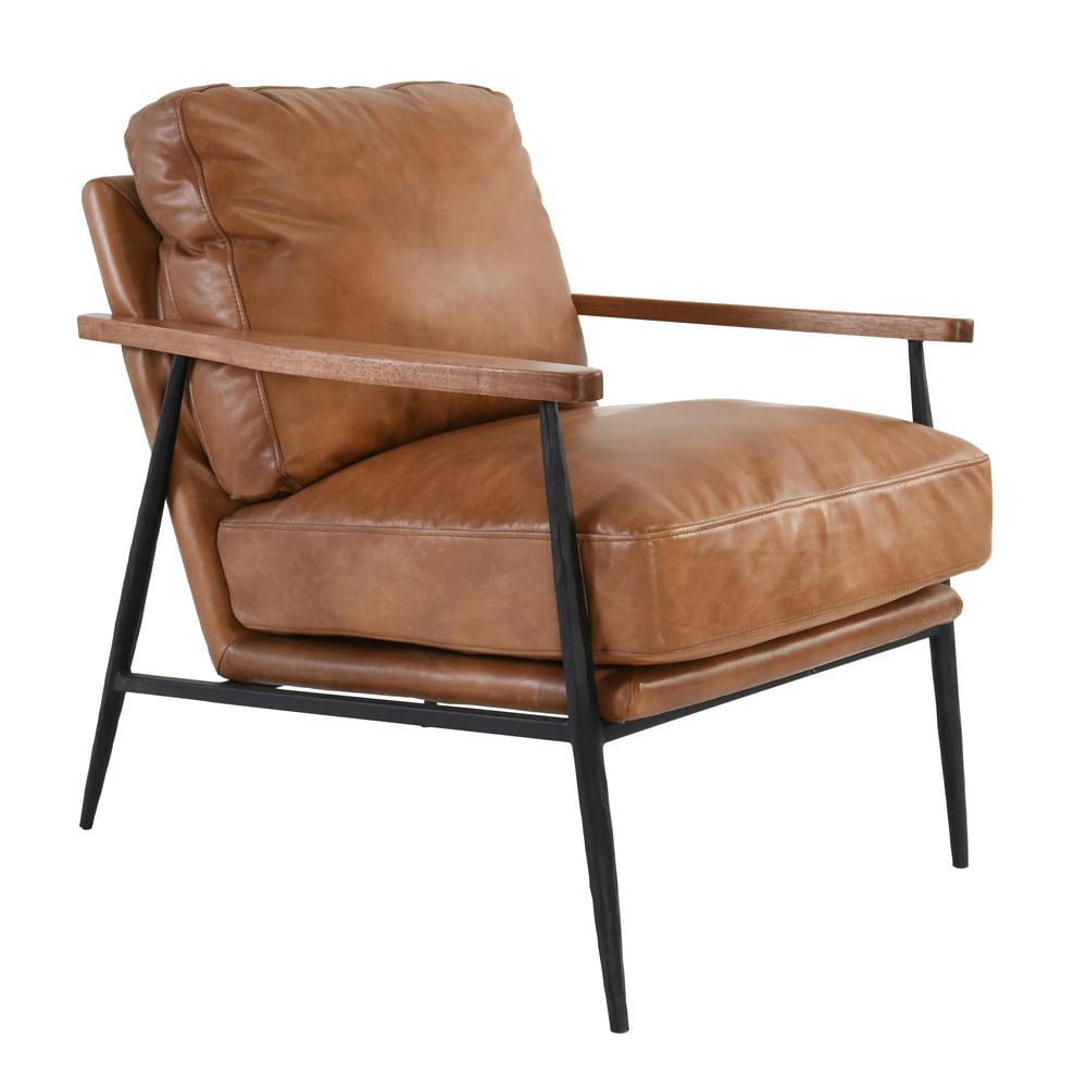 Transitional Handcrafted Tan Leather Accent Chair with Metal Legs