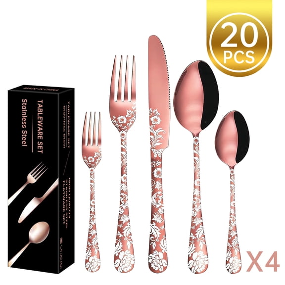 Kosbon 20PCS Stainless Steel Silverware Set, Premium Cutlery Flatware Set 4 Knives 4 Forks 4 Spoons 4 Tea Forks 4 Teaspoons with Beautiful Flower Pattern for Home Dinner Parties