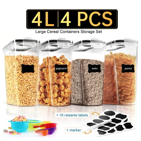 Kosbon Large Cereal Containers Storage Set, 4 Packs Dispenser Approx. 4L Fits Full Standard Size Cereal Box, Airtight Cereal Container Set, Large Plastic Storage Container