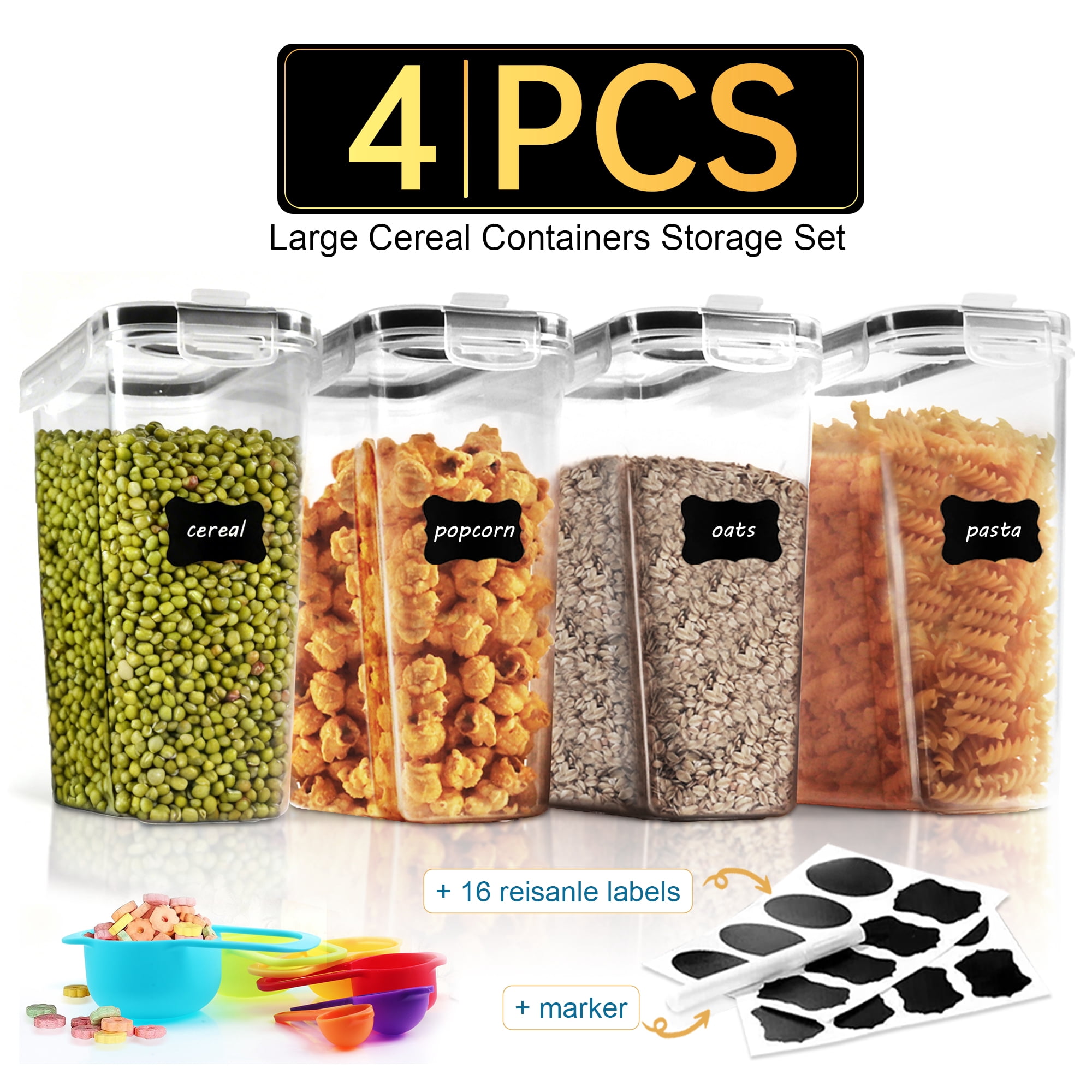 Kosbon Large Cereal Containers Storage Set, 4 Packs Dispenser Approx. 4L Fits Full Standard Size Cereal Box, Airtight Cereal Container Set, Large Plastic Storage Container