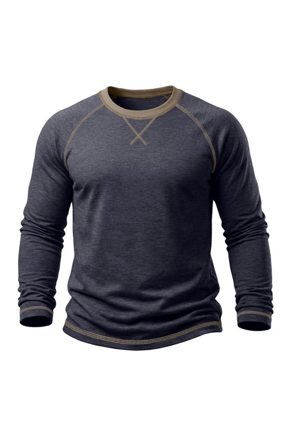Men's Contrast-Stitch Crew-Neck Long-Sleeve Tee, Comfort Soft Blend Knit for daily commutes & travel Blue M
