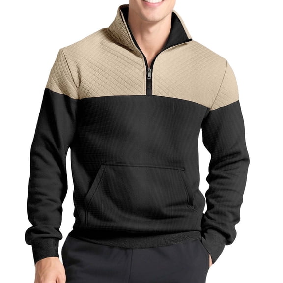 Kosheko Men's Half-Zip Quilted-Block Pullover, Cozy Warm Knit Fabric for weekend errands & lounging Black S