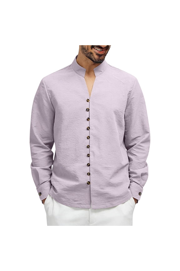 Men's Mandarin-Collar Henley Textured Shirt, Wrinkle-Resistant Fabric for city strolls Purple M