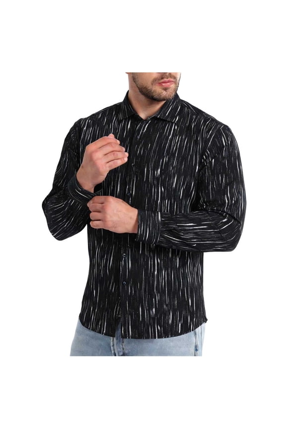 Men's Point-Collar Vertical-Print Slim-Fit Shirt, Stretchy Wrinkle-Resistant Fabric for daily commutes Black XXXL