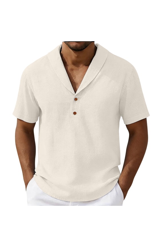 Men's Shawl-Collar Henley Short-Sleeve Linen-Cotton Top, Lightweight Airy Fabric for summer relaxation White XL