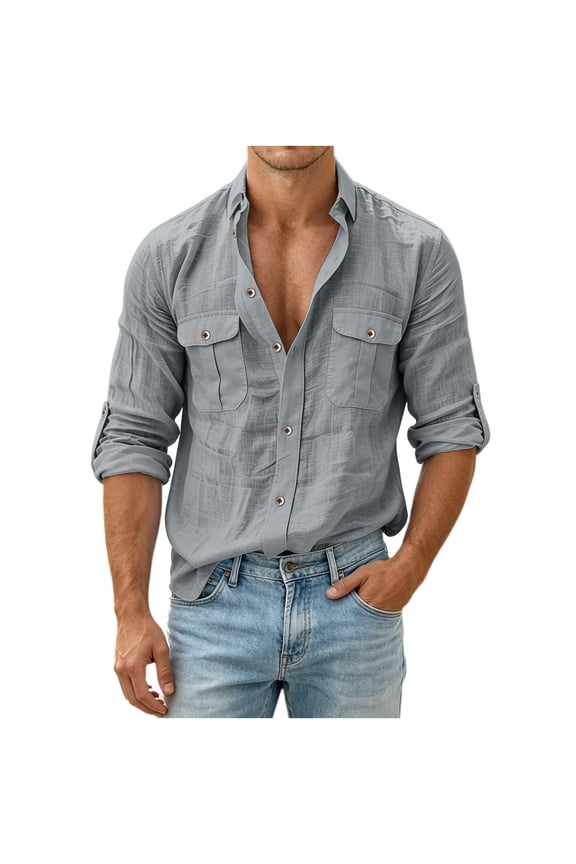 Men's Spread-Collar Dual-Pocket Roll-Up Textured Shirt, Natural Breathable Linen-Cotton for weekend shopping Gray S
