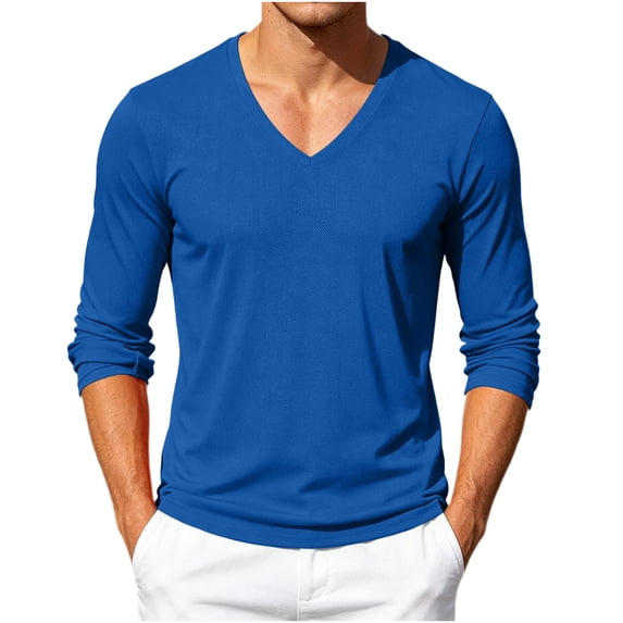 Kosheko Men's V-Neck Mesh Breathable Long-Sleeve Tee, Moisture Wicking Quick-Dry Fabric for gym practices Blue L