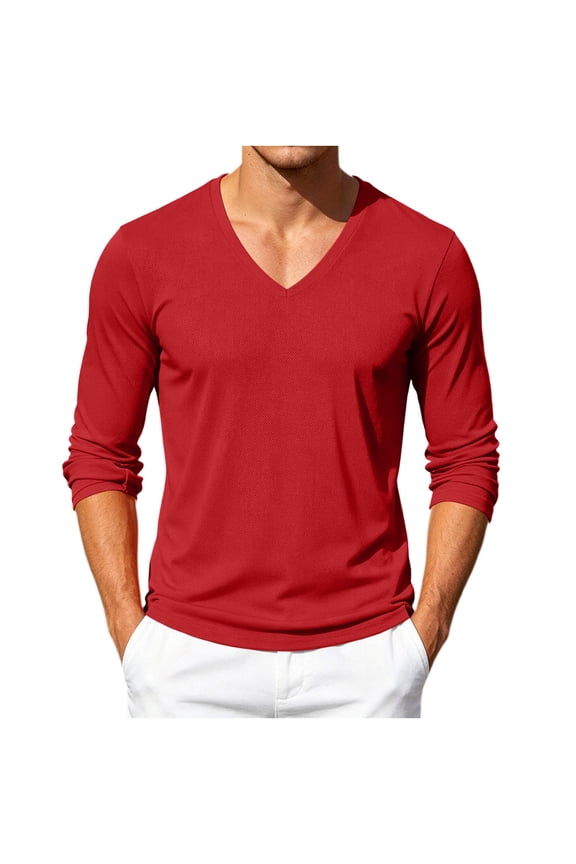 Men's V-Neck Mesh Breathable Long-Sleeve Tee, Moisture Wicking Quick-Dry Fabric for gym practices Red XXXL