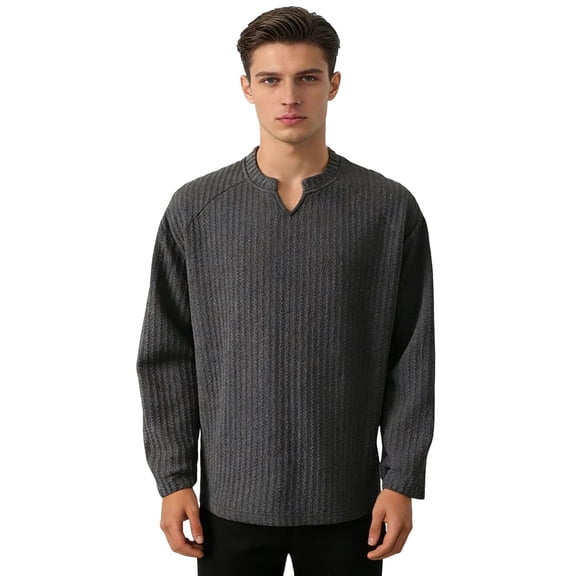 Kosheko Men's V-Neck Notch-Collar Ribbed-Knit Shirt, Cozy Warm Fabric for weekend errands Gray L