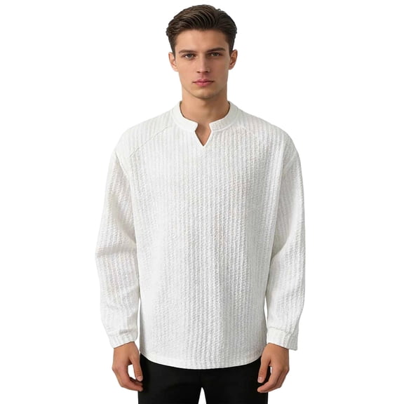 Kosheko Men's V-Neck Notch-Collar Ribbed-Knit Shirt, Cozy Warm Fabric for weekend errands White M