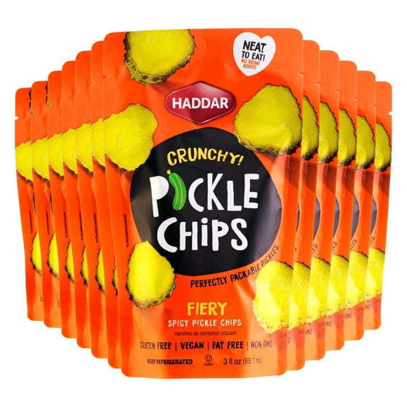 Kosher Fiery Crunchy Pickle Chips 3 oz for Haddar, Pack of 12