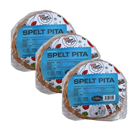 Kosher Red Hook Organic Spelt Pita Bread Vegan, Mediterranean Style, 3 pitas per bag, Pack of 3