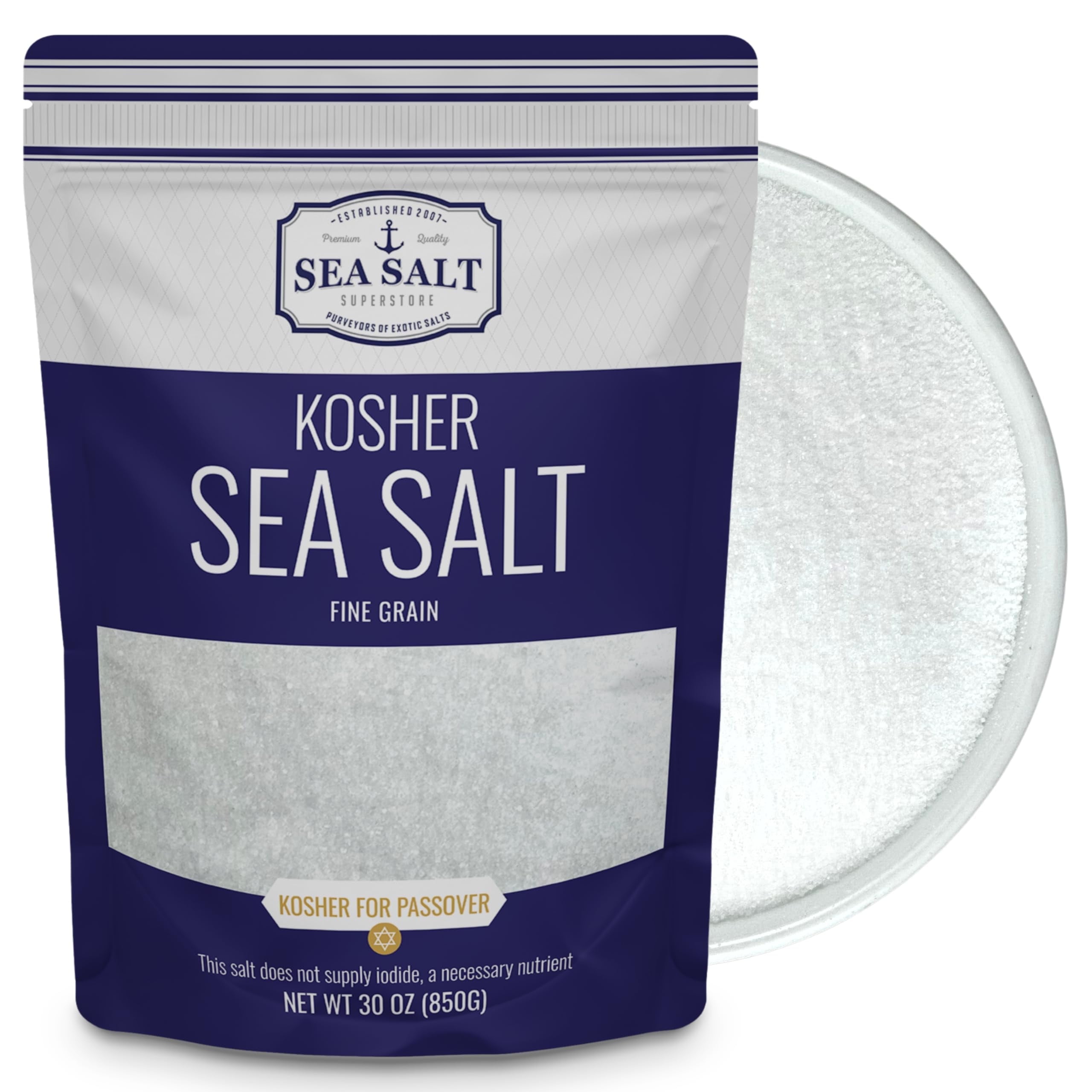 Kosher Sea Salt, Fine Grain Kosher Salt, Fine Salt Replacement for Table Salt, Non-Iodized & Natural Fine Sea Salt for Table Shakers, 30 oz Bag, Sea Salt Superstore