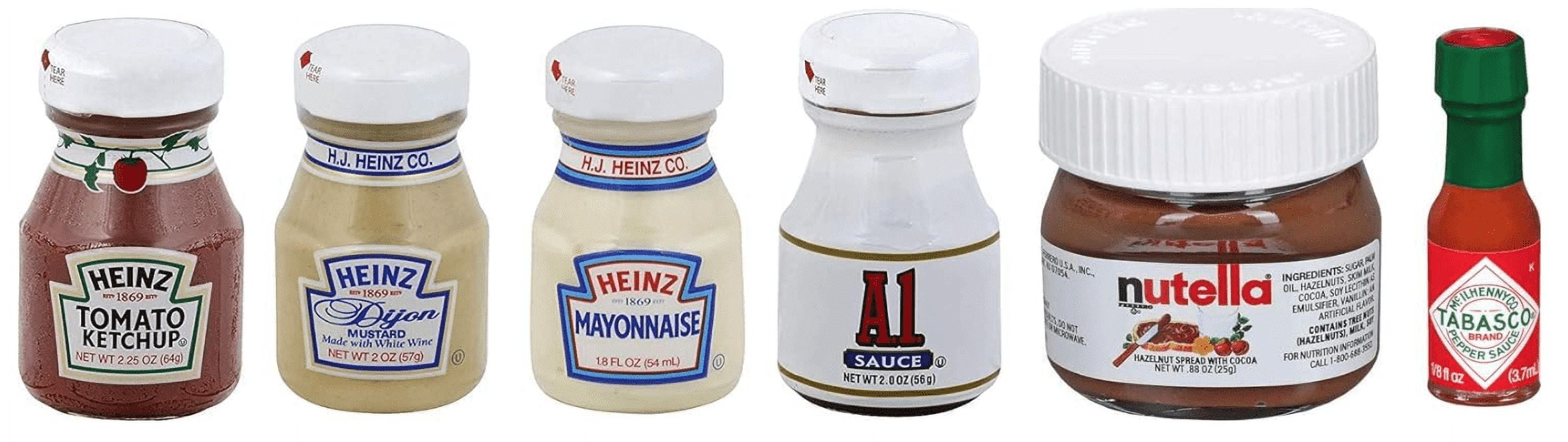 Kosher Travel Condiment Bundle of 6 Miniature Glass Jars: Heinz Ketchup 2.25 oz, Heinz Dijon Mustard 2 oz, Heinz Mayonnaise 1.8 oz, A1 Steak Sauce 2 oz, Nutella .88 oz, Tabasco Sauce .125 oz
