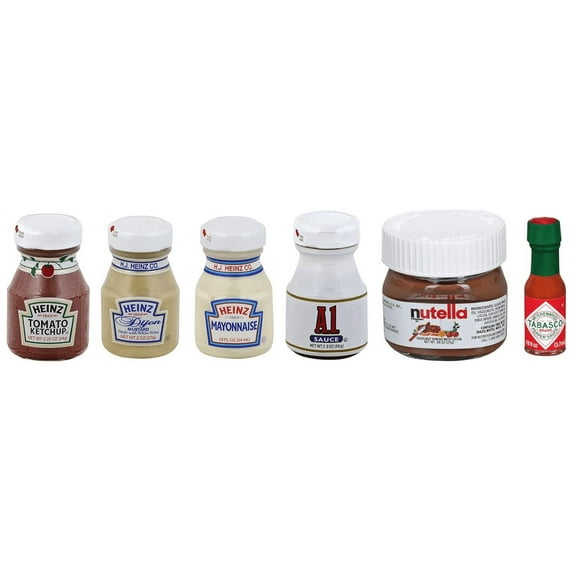 Kosher Travel Condiment Bundle of 6 Miniature Glass Jars: Heinz Ketchup 2.25 oz, Heinz Dijon Mustard 2 oz, Heinz Mayonnaise 1.8 oz, A1 Steak Sauce 2 oz, Nutella .88 oz, Tabasco Sauce .125 oz
