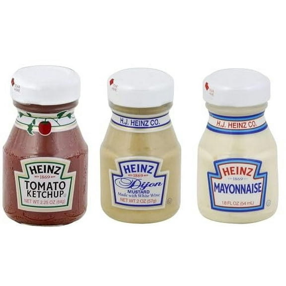 Kosher Travel Condiment Room Service Bundle of 3 Miniature Jars: Heinz Ketchup 2.25 oz, Heinz Dijon Mustard 2 oz, Heinz Mayonnaise 1.8 oz