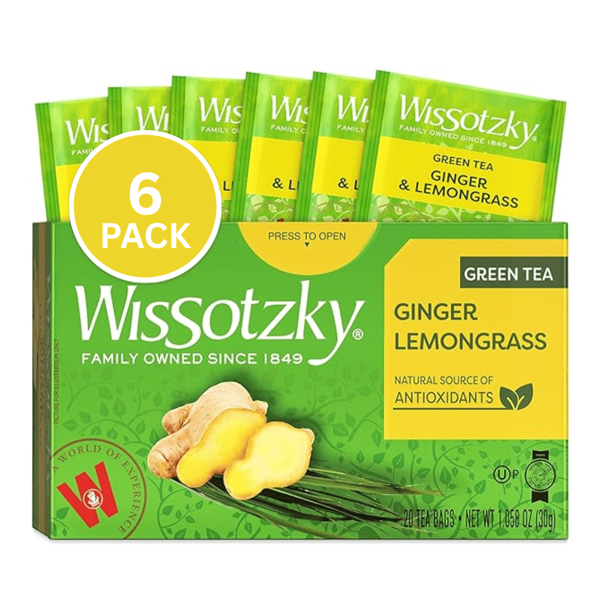 Kosher Wissotzky Ginger & Lemongrass Green Tea 20 ct, Pack of 6