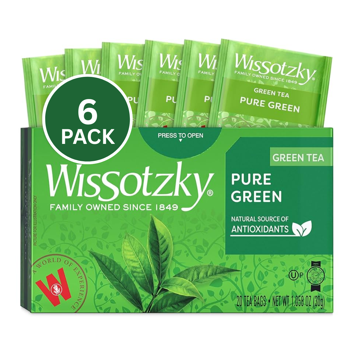 Kosher Wissotzky Pure Green Tea 20 ct, Pack of 6