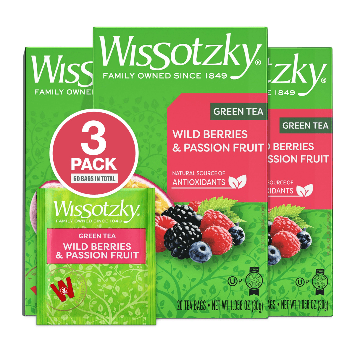 Kosher Wissotzky Wildberry & Passion Fruit Green Tea 20 ct, Pack of 3