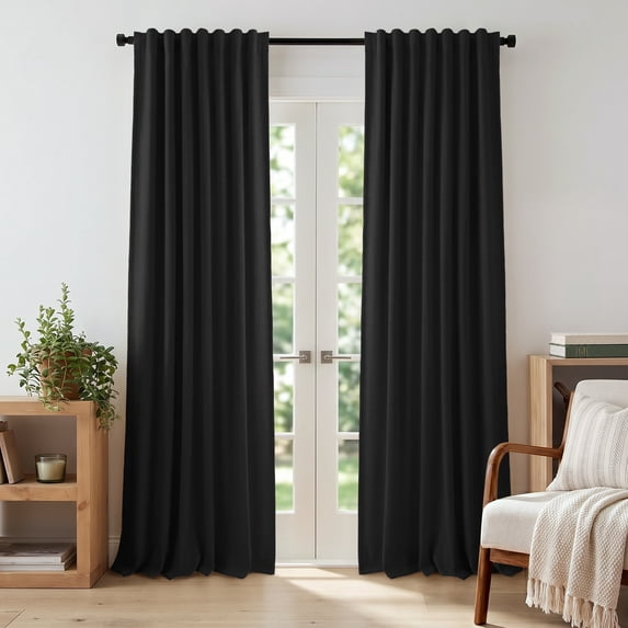 KoshiMe 100% Blackout Faux Linen Curtains, 52x96 Inches 2 Panels Set, Thermal Insulated Rod Pocket Privacy Curtain Panels for Living Room Bedroom, Black