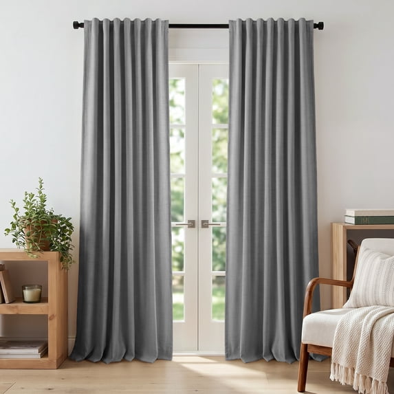 KoshiMe 100% Blackout Faux Linen Curtains, 52x90 Inches 2 Panels Set, Thermal Insulated Rod Pocket Privacy Curtain Panels for Living Room Bedroom, Dark Gray