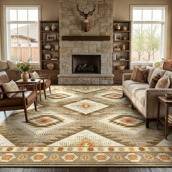 KoshiMe 10'x14' Area Rugs for Living Room, Machine Washable Rugs Non-Slip, Low Pile Soft Print Pattern Western Rug for Bedroom, Dining Room, Office, Camel