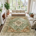thumbnail image 1 of KoshiMe Washable Area Rug 10'x14', Non-Slip Soft Vintage Distress Floral Rugs for Living Room, Stain Resistant Low Pile Medallion Carpet for Dining Room Office, Brick Red Green, 1 of 9