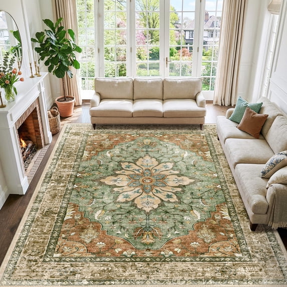 KoshiMe Washable Area Rug 10'x14', Non-Slip Soft Vintage Distress Floral Rugs for Living Room, Stain Resistant Low Pile Medallion Carpet for Dining Room Office, Brick Red Green