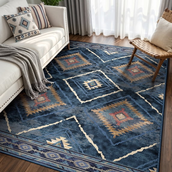 KoshiMe 3'x5' Area Rugs for Living Room, Machine Washable Rugs Non-Slip, Low Pile Soft Print Pattern Western Rug for Bedroom, Dining Room, Office, Dark Blue