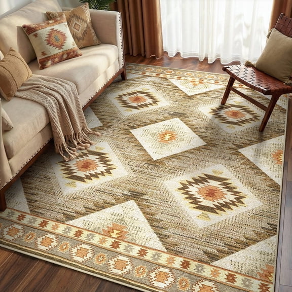 KoshiMe 3'x5' Area Rugs for Living Room, Machine Washable Rugs Non-Slip, Low Pile Soft Print Pattern Western Rug for Bedroom, Dining Room, Office, Camel