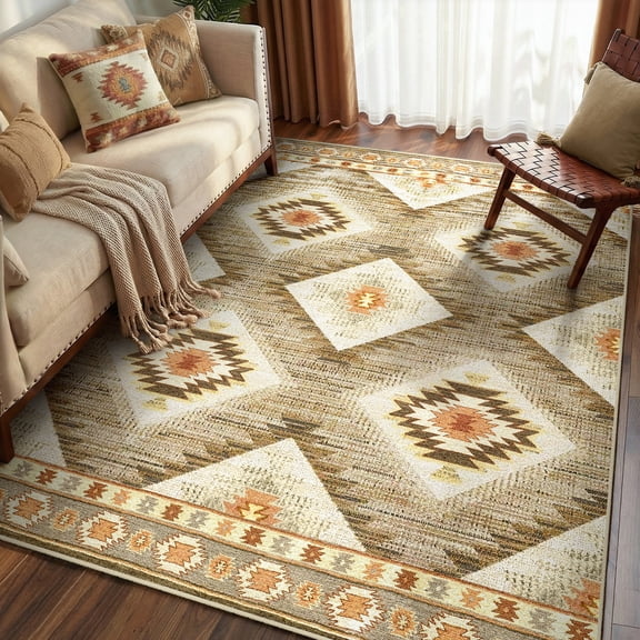 KoshiMe 3'x5' Area Rugs for Living Room, Machine Washable Rugs Non-Slip, Low Pile Soft Print Pattern Western Rug for Bedroom, Dining Room, Office, Camel