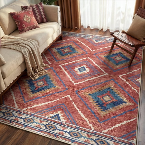 KoshiMe 3'x5' Area Rugs for Living Room, Machine Washable Rugs Non-Slip, Low Pile Soft Print Pattern Western Rug for Bedroom, Dining Room, Office, Red