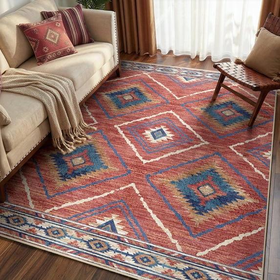 KoshiMe 3'x5' Area Rugs for Living Room, Machine Washable Rugs Non-Slip, Low Pile Soft Print Pattern Western Rug for Bedroom, Dining Room, Office, Red