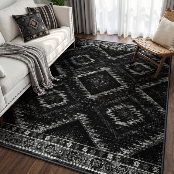 KoshiMe 4'x6' Area Rugs for Living Room, Machine Washable Rugs Non-Slip, Low Pile Soft Print Pattern Western Rug for Bedroom, Dining Room, Office, Black