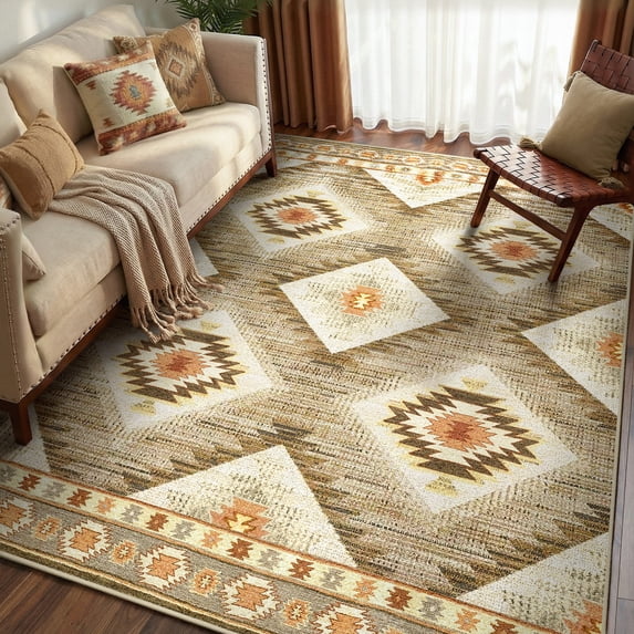 KoshiMe 4'x6' Area Rugs for Living Room, Machine Washable Rugs Non-Slip, Low Pile Soft Print Pattern Western Rug for Bedroom, Dining Room, Office, Camel