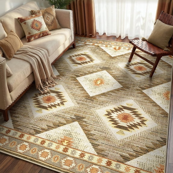 KoshiMe 4'x6' Area Rugs for Living Room, Machine Washable Rugs Non-Slip, Low Pile Soft Print Pattern Western Rug for Bedroom, Dining Room, Office, Camel