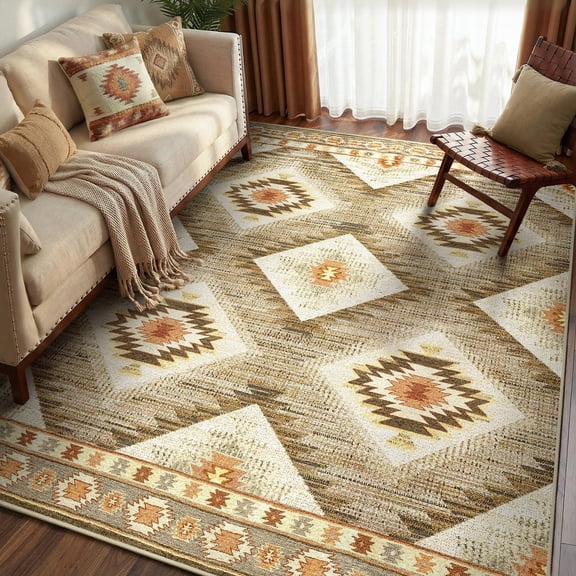 KoshiMe 4'x6' Area Rugs for Living Room, Machine Washable Rugs Non-Slip, Low Pile Soft Print Pattern Western Rug for Bedroom, Dining Room, Office, Camel