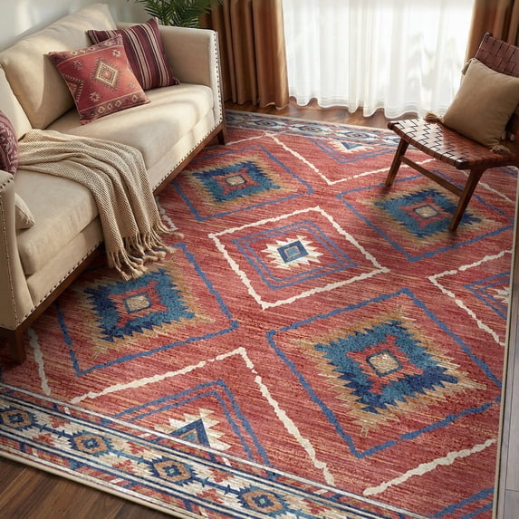 KoshiMe 4'x6' Area Rugs for Living Room, Machine Washable Rugs Non-Slip, Low Pile Soft Print Pattern Western Rug for Bedroom, Dining Room, Office, Red