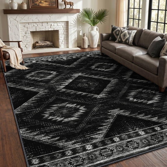 KoshiMe 5'x7' Area Rugs for Living Room, Machine Washable Rugs Non-Slip, Low Pile Soft Print Pattern Western Rug for Bedroom, Dining Room, Office, Black