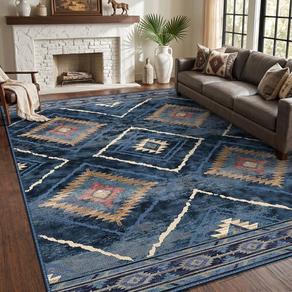 KoshiMe 5'x7' Area Rugs for Living Room, Machine Washable Rugs Non-Slip, Low Pile Soft Print Pattern Western Rug for Bedroom, Dining Room, Office, Dark Blue