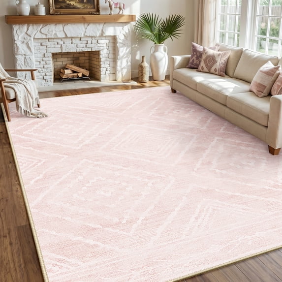 KoshiMe 5'x7' Area Rugs for Living Room, Machine Washable Rugs Non-Slip, Low Pile Soft Print Pattern Western Rug for Bedroom, Dining Room, Office, Light Pink