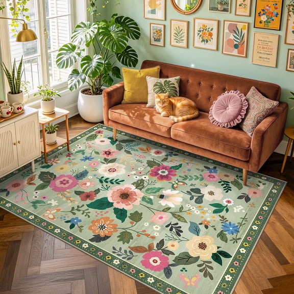 KoshiMe 5'x7' Floral Area Rug, Machine Washable Non-Slip Soft Low Pile Stain-Resistant Boho Flower Indoor Rug for Living Room Bedroom Dining Room, Light Green