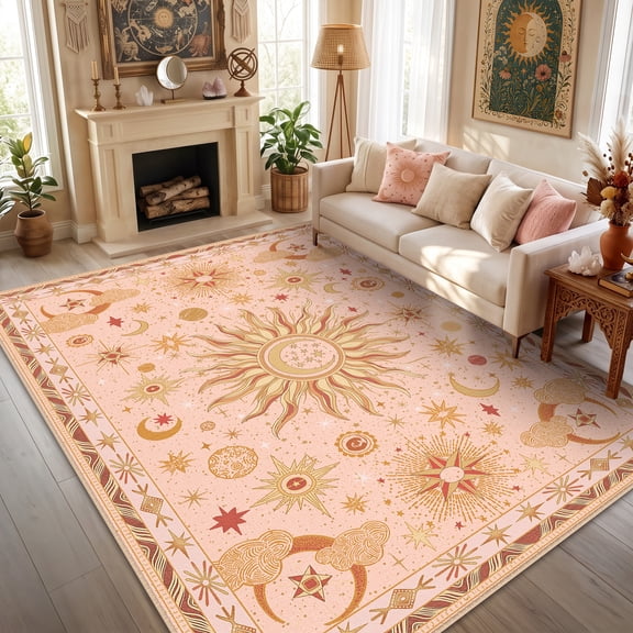 KoshiMe 5'x7' Washable Area Rug, Non-Slip Low Pile Vintage Boho Celestial Sun and Moon Rug for Living Room, Bedroom, Playroom, Kitchen, Pink Gold