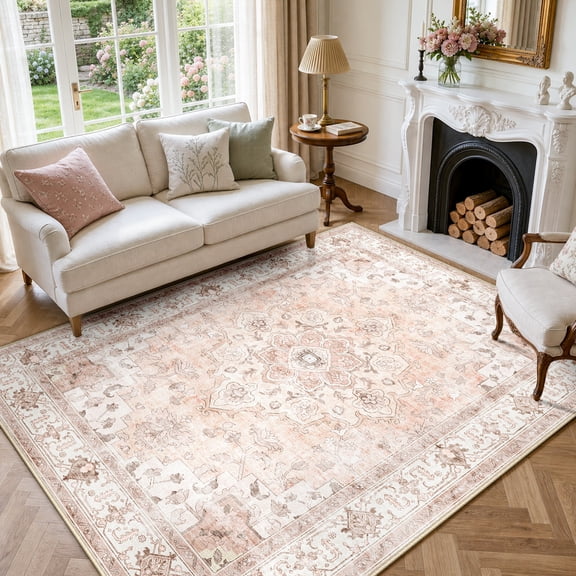 KoshiMe 5'x7' Washable Area Rug, Non-Slip Soft Low Pile Stain-Resistant Vintage Rug for Living Room, Bedroom, Dining Room, Pink