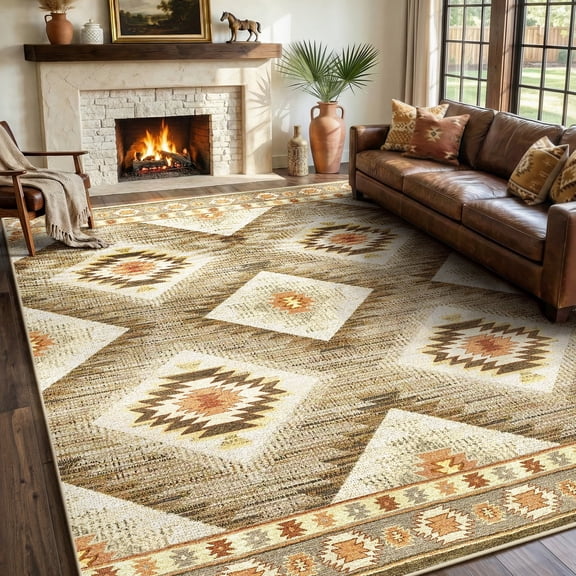 KoshiMe 5'x7' Area Rugs for Living Room, Machine Washable Rugs Non-Slip, Low Pile Soft Print Pattern Western Rug for Bedroom, Dining Room, Office, Camel