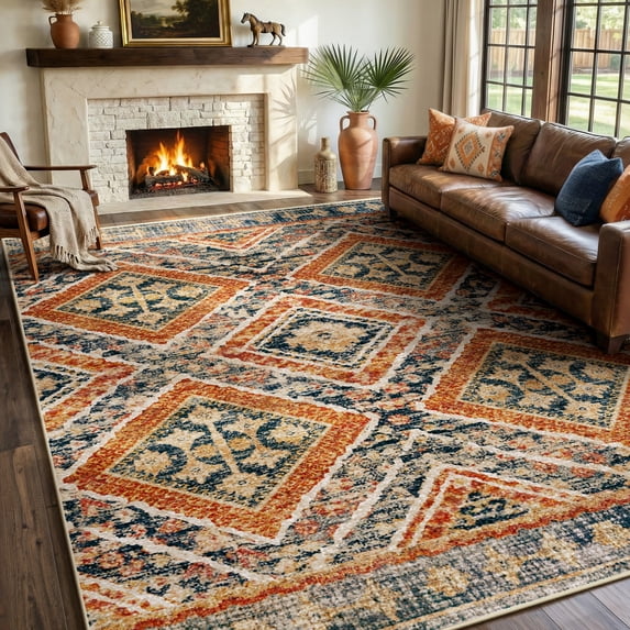KoshiMe 5'x7' Area Rugs for Living Room, Machine Washable Rugs Non-Slip, Low Pile Soft Print Pattern Western Rug for Bedroom, Dining Room, Office, Orange