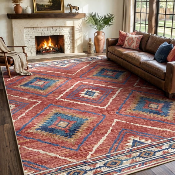 KoshiMe 5'x7' Area Rugs for Living Room, Machine Washable Rugs Non-Slip, Low Pile Soft Print Pattern Western Rug for Bedroom, Dining Room, Office, Red