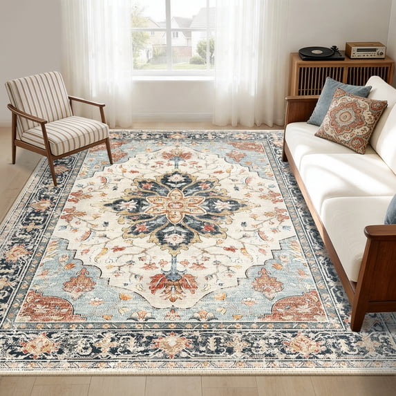 KoshiMe Washable Area Rug 5'x7', Non-Slip Soft Vintage Distress Floral Rugs for Living Room, Stain Resistant Low Pile Medallion Carpet for Dining Room Office, Beige Blue Orange Colorful